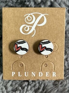 Plunder White Round Stud Earrings with Red Heart Accent - baseball theme